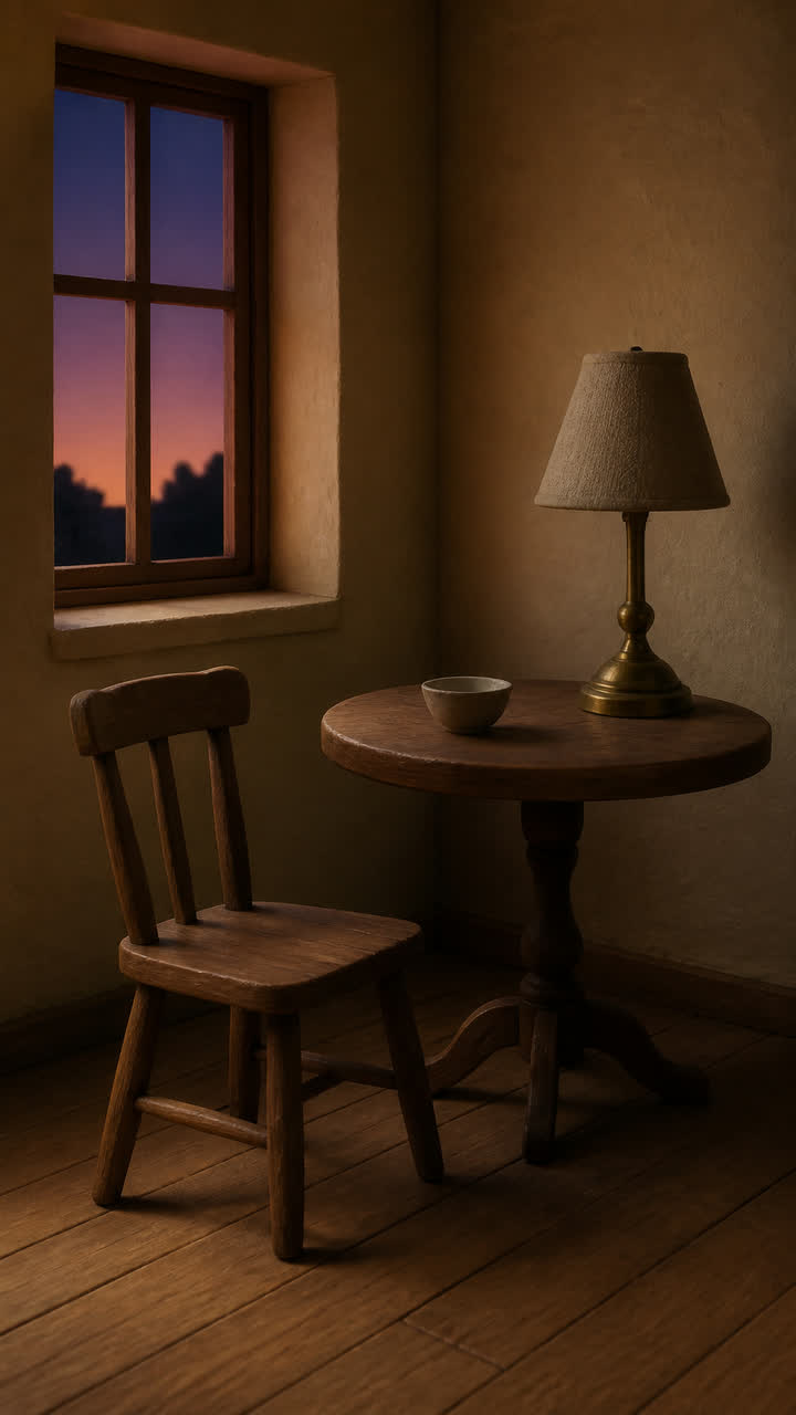 A quiet table, an empty chair, and an unlit lamp
